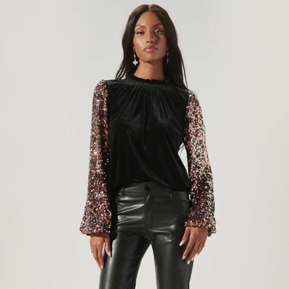 Sugarlips NWOT Michelle velvet and sequined pop sleeves mockneck blouse - Picture 1 of 16
